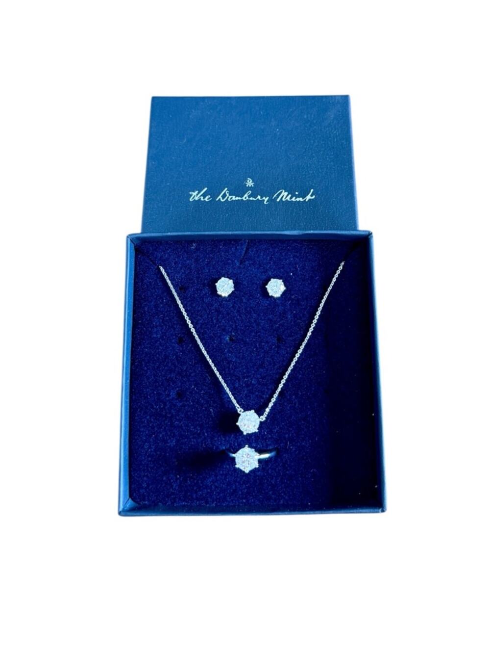 Danbury Mint Jewelry Set Necklace Earrings Ring Size 6 Silver Tone Gift Set NIB